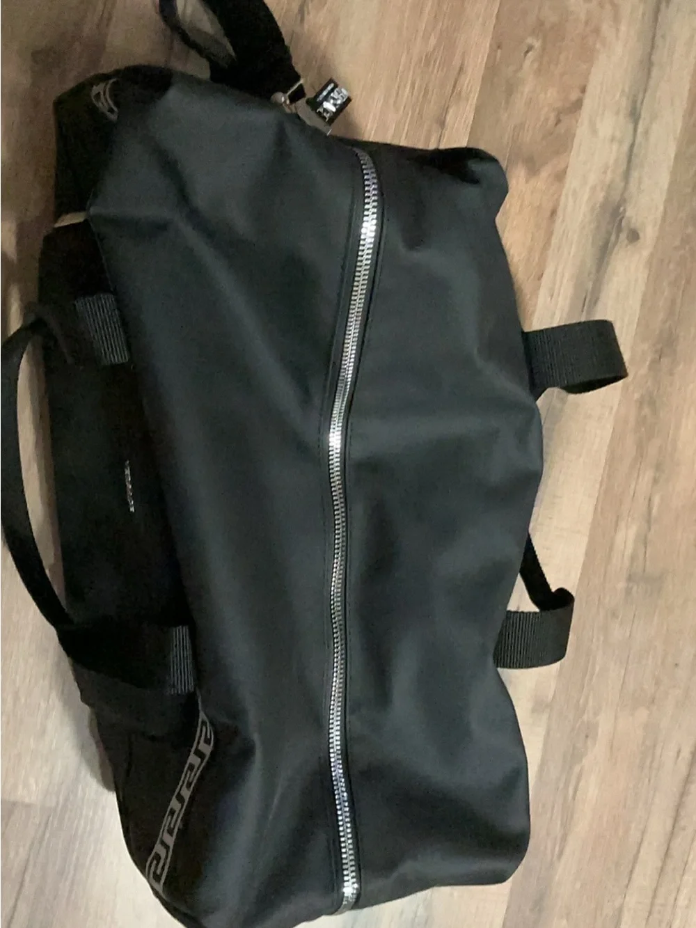 Versace Black Duffel Bag with Silver Greek Key Trim